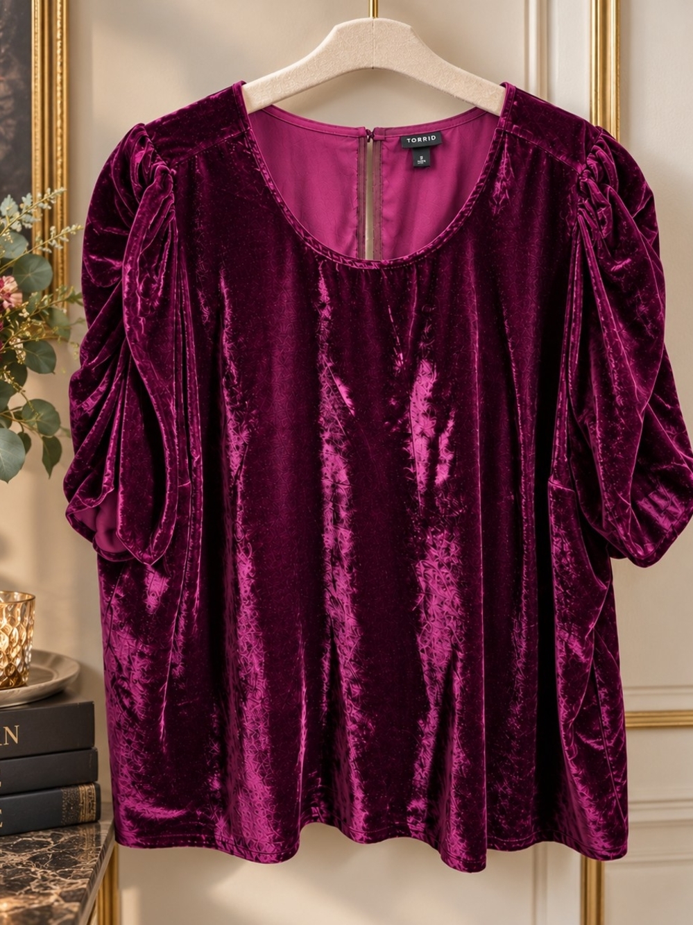 NWT Torrid Wine Velvet Ruched Sleeve Blouse 3X Romantic Boho